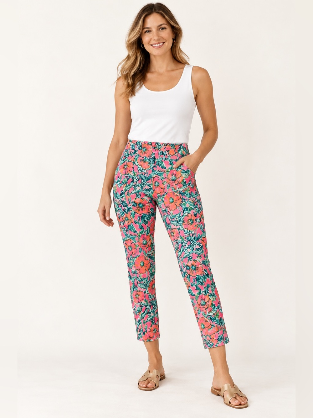 Lilly Pulitzer Floral Corso Crop Pants - Pink and Green. Perfect Poppy Print.
